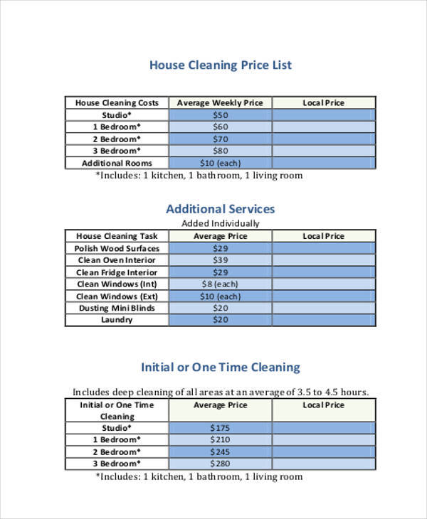 house cleaning price list