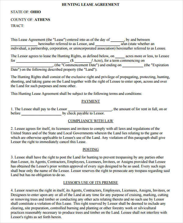 hunting land lease sample agreement