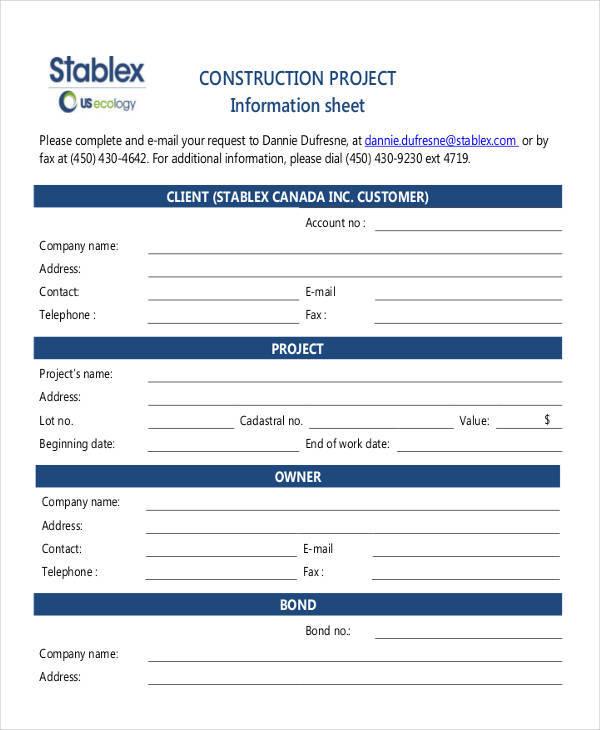 information sheet for construction project