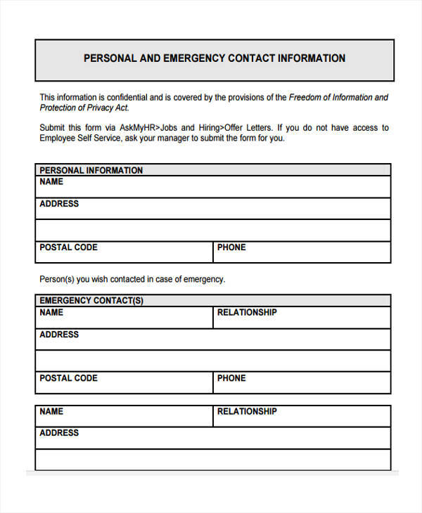 information sheet for emergency contact