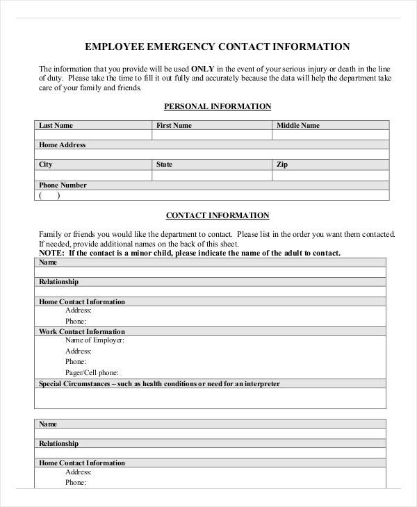 information sheet for employee contact