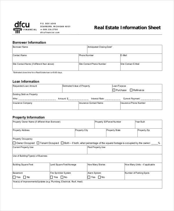 information sheet for real estate property