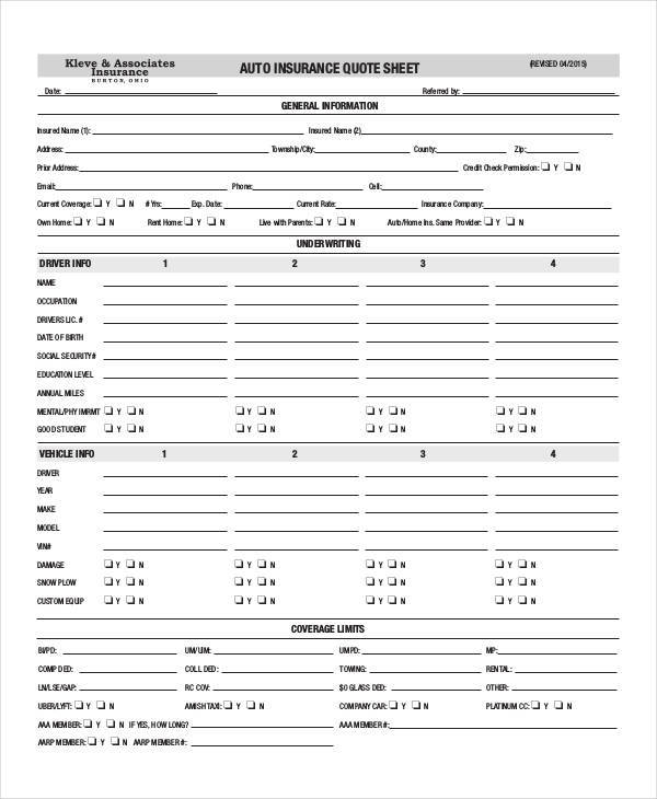 insurance quote sheet