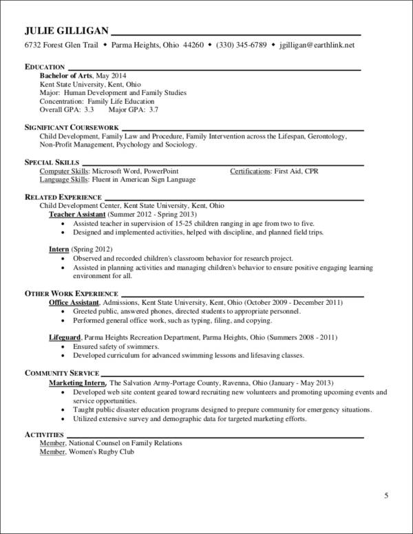 internship sample resume