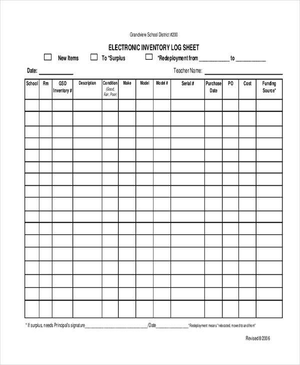 inventory log sheet