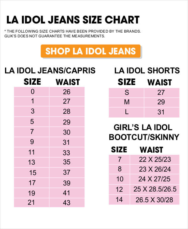 La Idol Jeans Size Chart