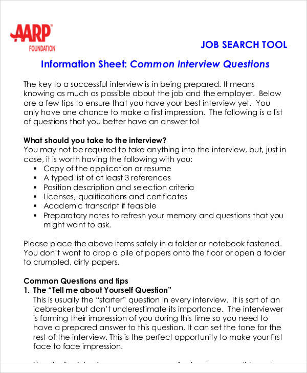 job interview information sheet