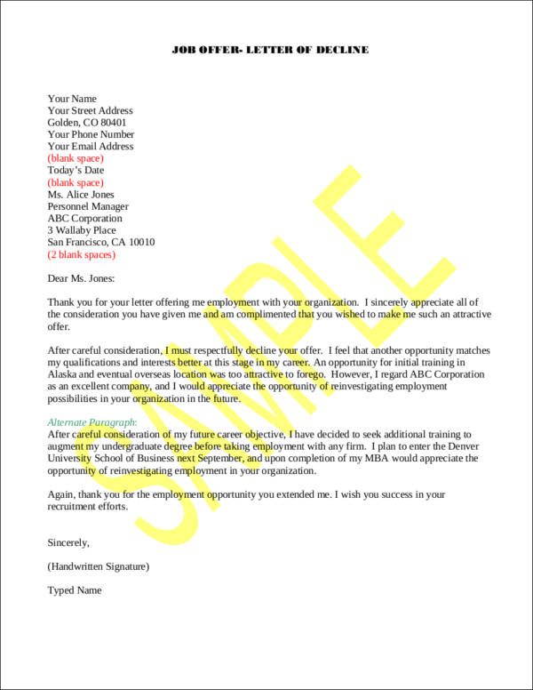 job offer letter of decline sample