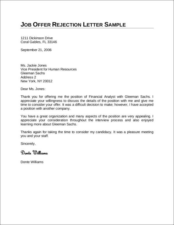 job offer rejection letter sample