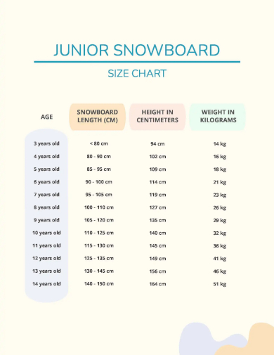 junior snowboard size chart template