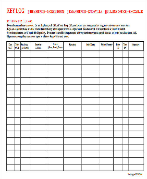 Key Log Templates 11+ Free Printable Word & Excel Formats, Samples