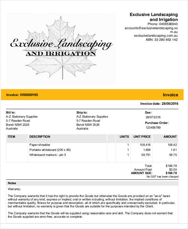 landscaping invoice template excel