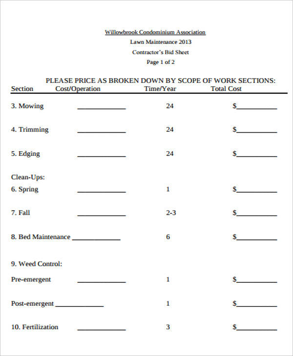 lawn care bid sample sheet