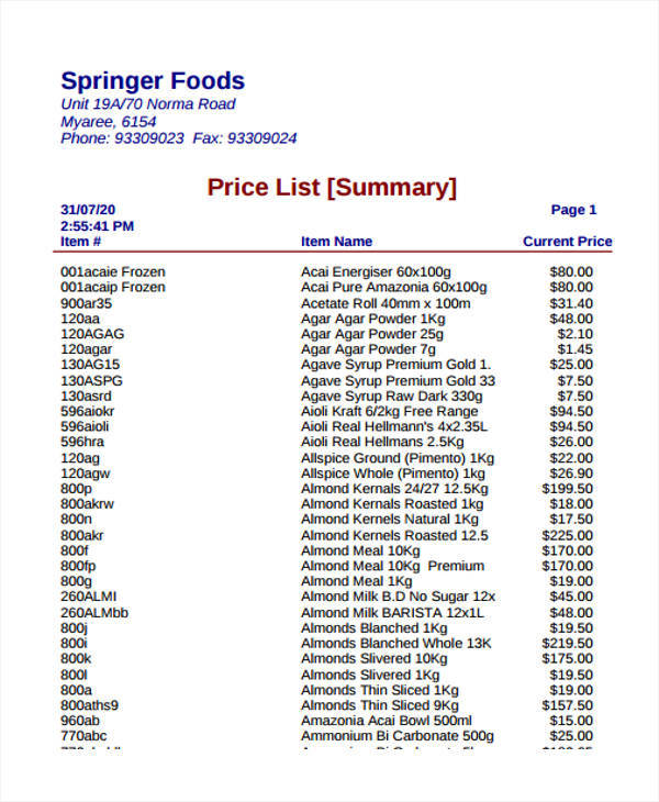 list template for food price