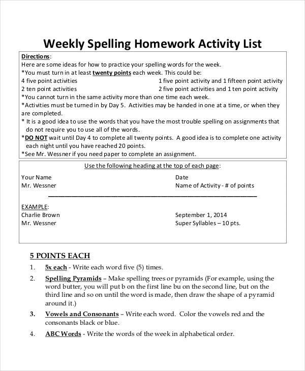 list for weekly activity