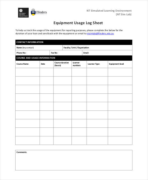 log sheet for laboratory equipment