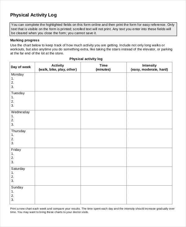 log sheet for physical activity