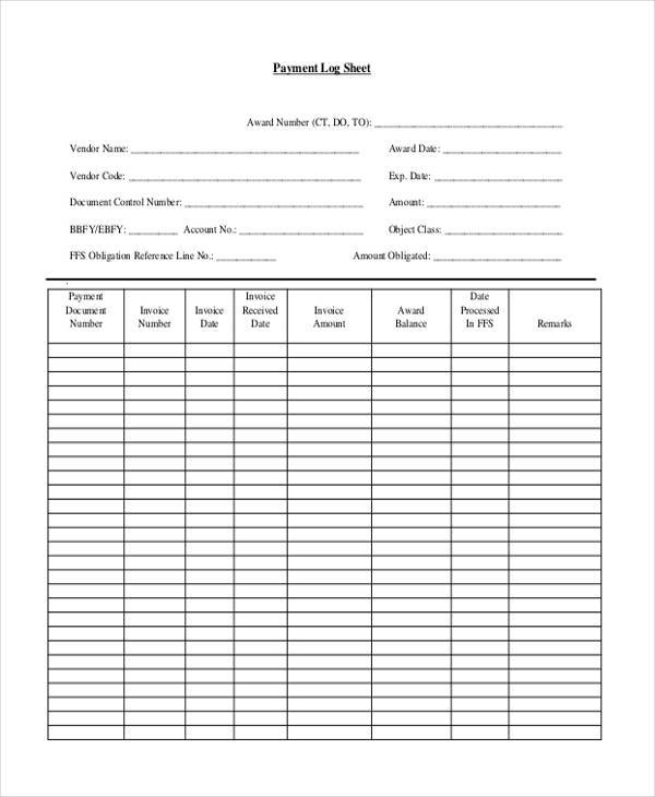 log sheet for sample payment