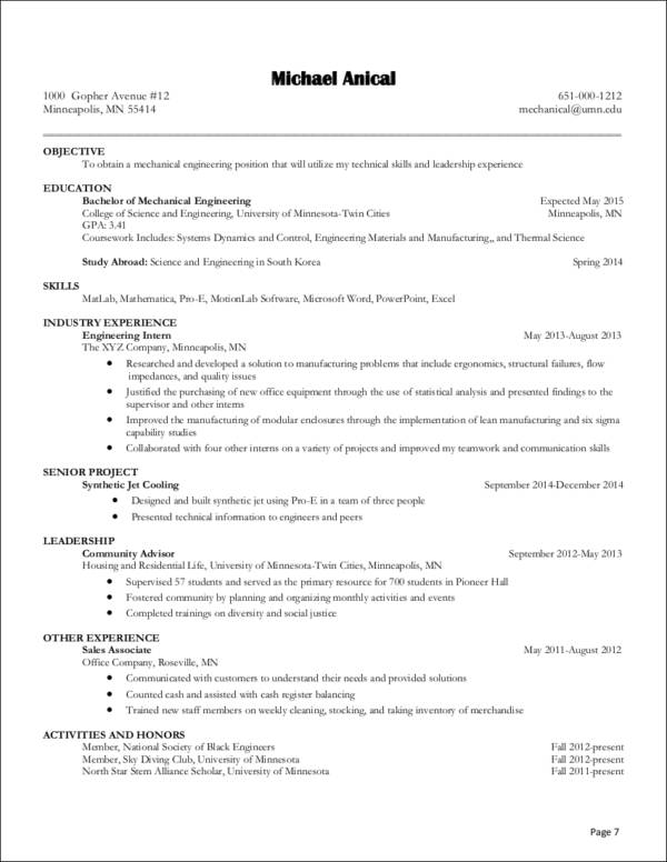mechanical engineer sample resume
