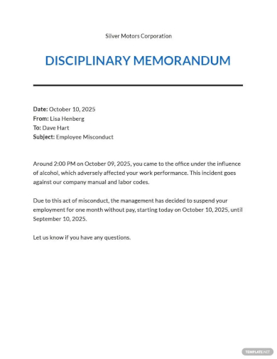 memo for employees misconduct template