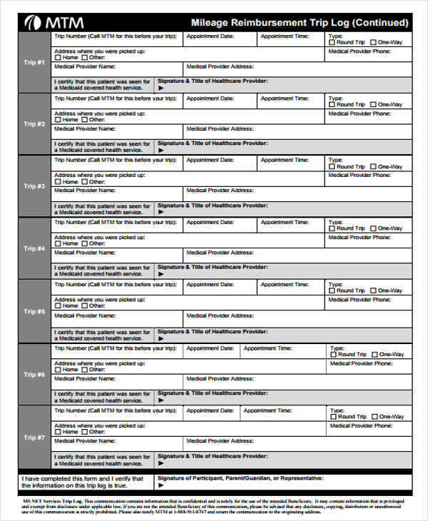 mileage reimbursement trip log sheet