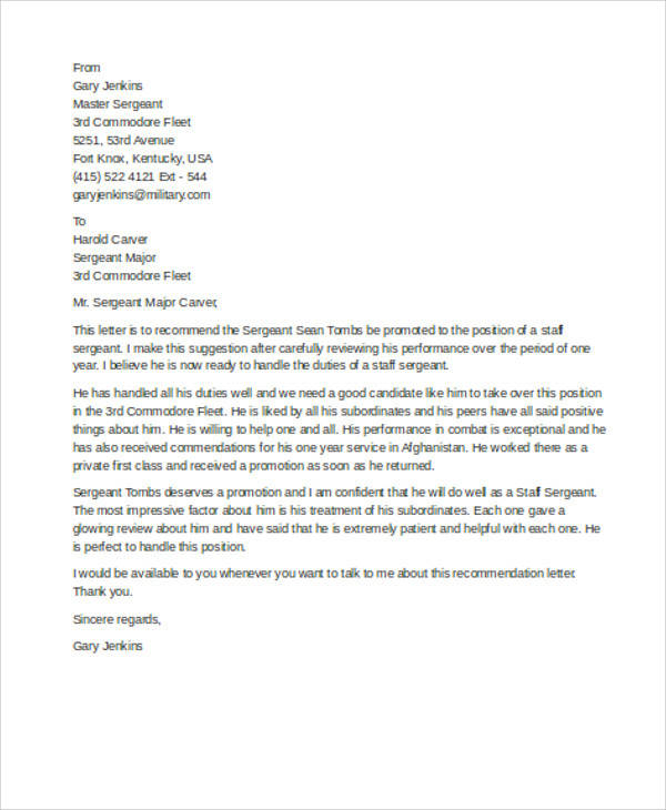 military recommendation letter sample