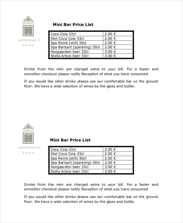 mini bar price list template