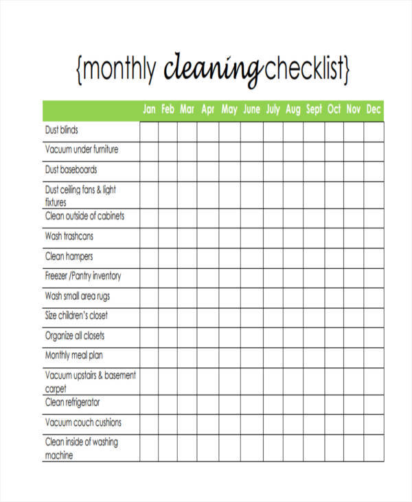 monthly cleaning list