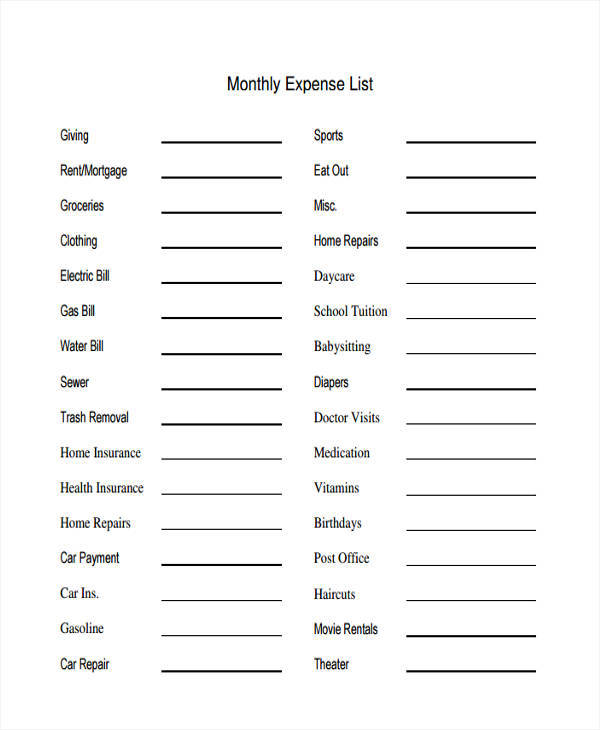 monthly expenses list template