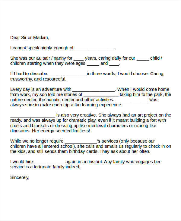 nanny employment reference letter