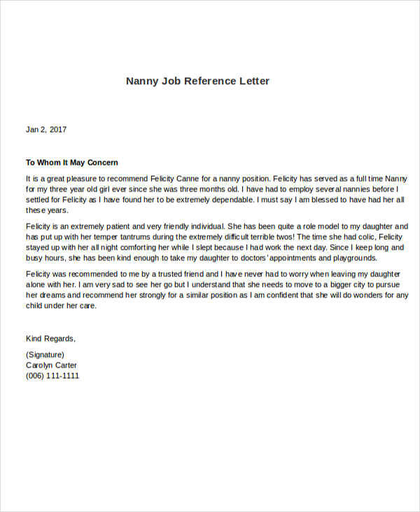 nanny job reference letter