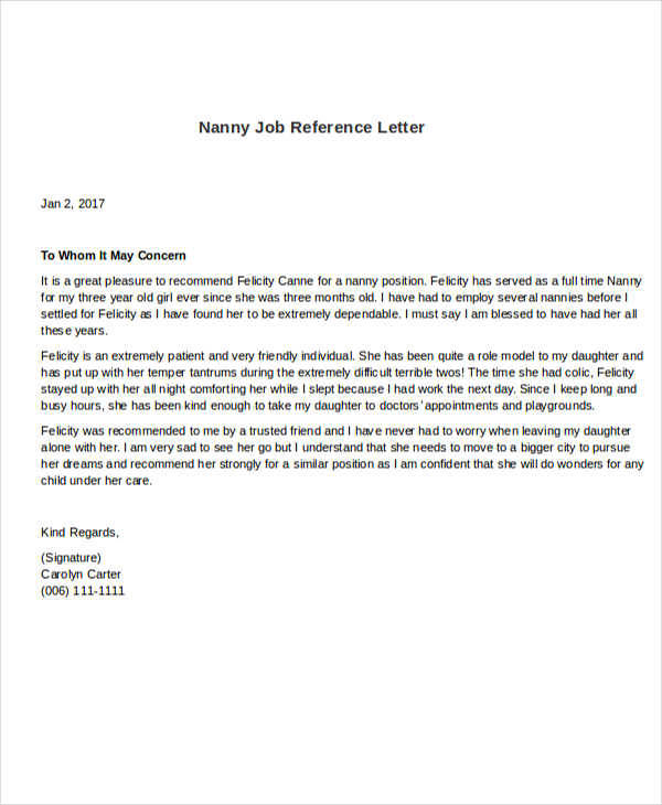 Free 6 Sample Nanny Reference Letter Templates In Pdf Ms Word