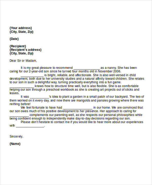 FREE 6+ Sample Nanny Reference Letter Templates in PDF | MS Word ...