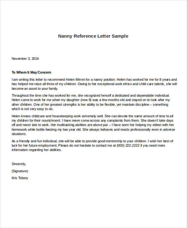 nanny reference letter sample
