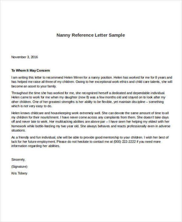 Free 6 Sample Nanny Reference Letter Templates In Pdf Ms Word