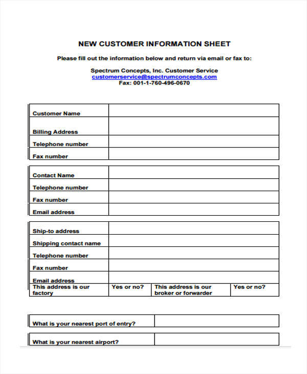 new customer information sheet