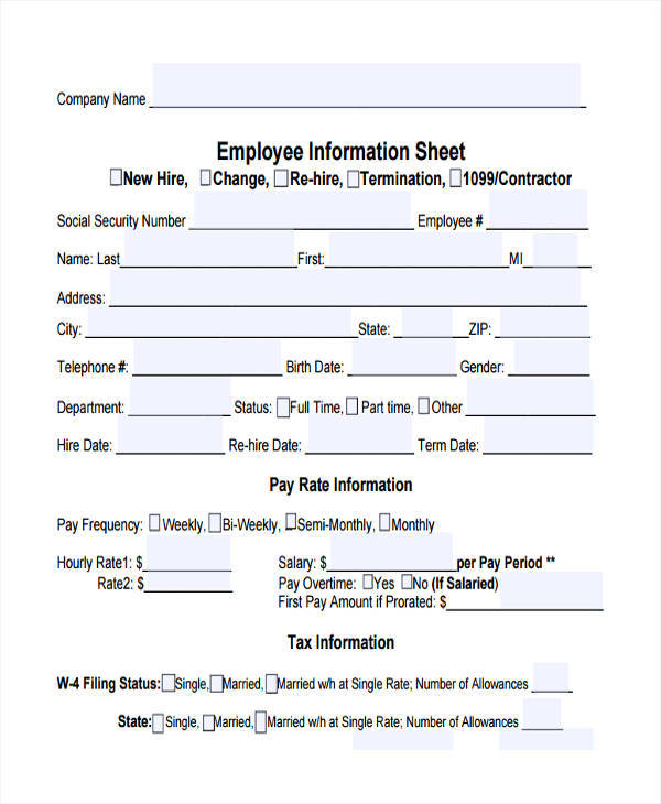 new employee information sample sheet