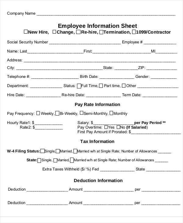 Employee Information Sheet Format 1790