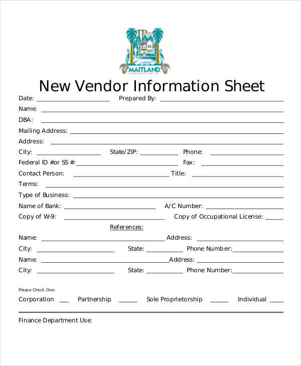 new vendor information sheet