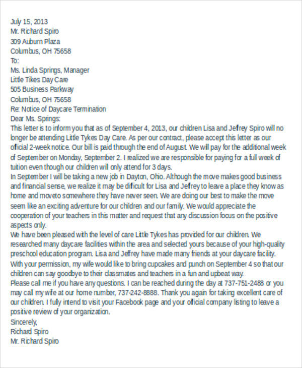 notice of termination of contract daycare letter