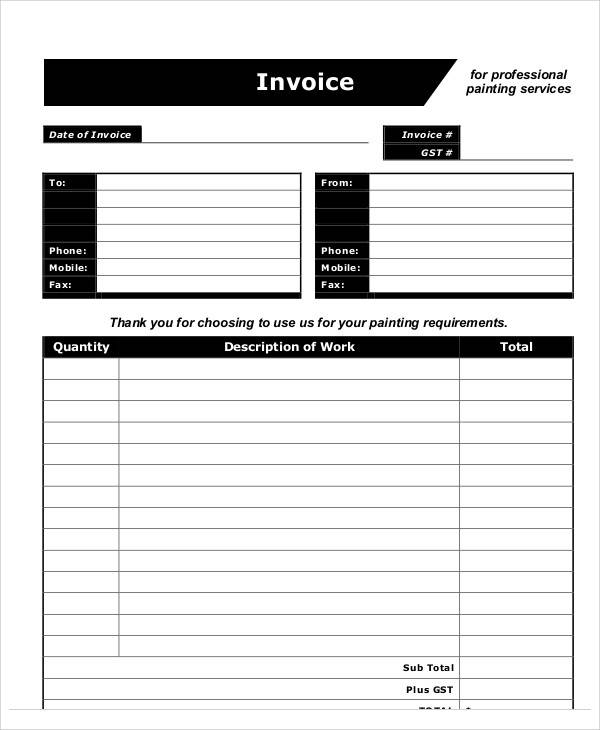 FREE 6+ Sample Painting Invoice Templates in PDF Excel MS Word