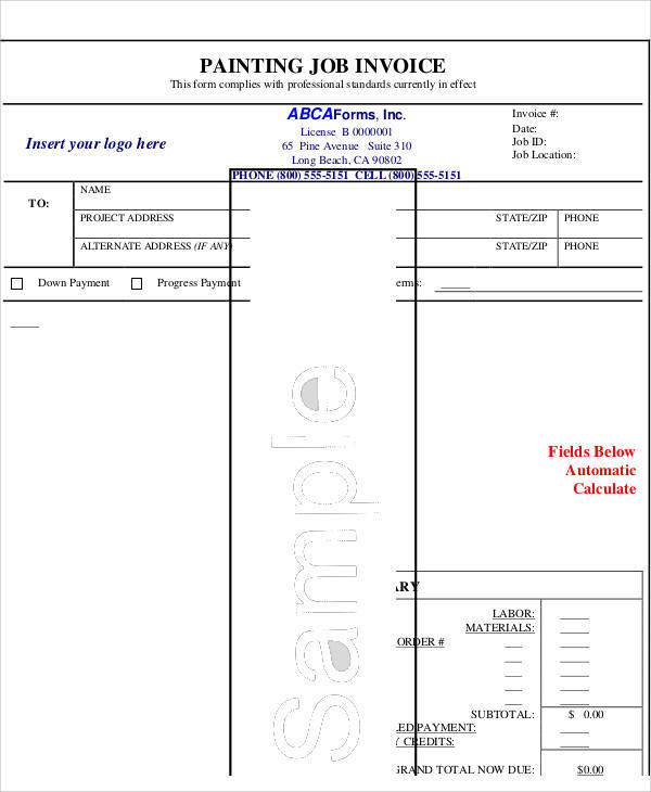 FREE 6+ Sample Painting Invoice Templates in PDF Excel MS Word