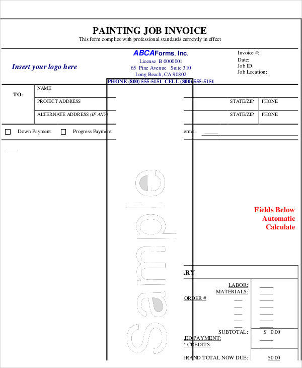 Sample Painting Invoice - 6+ Examples in PDF, Excel, Word