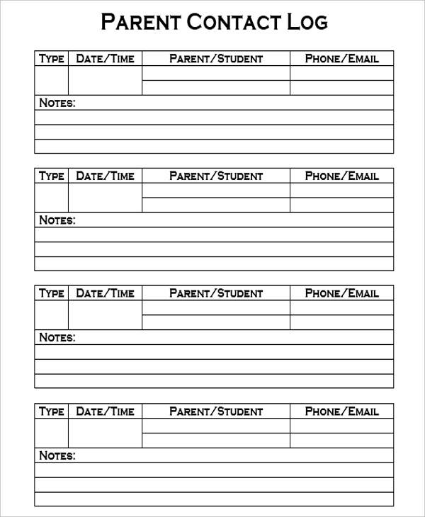 parent contact log template