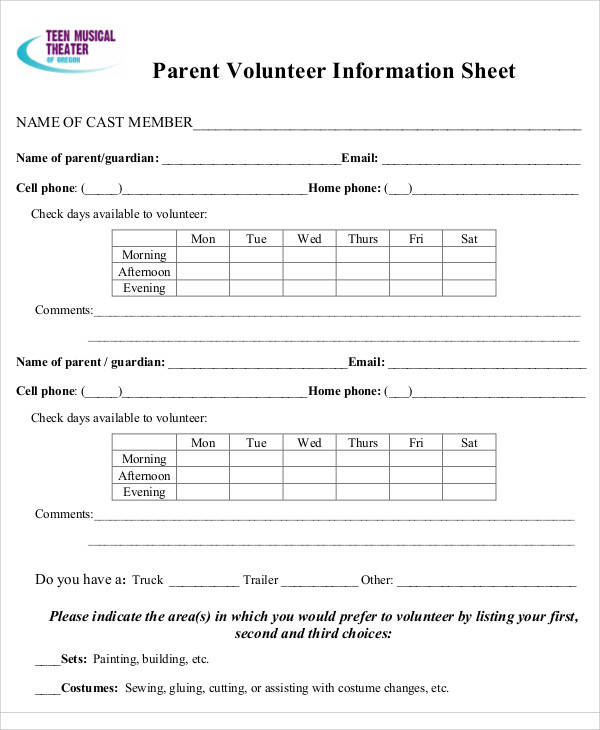 parent volunteer information sheet
