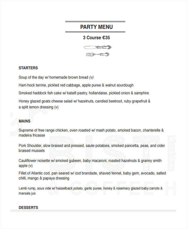 party menu list