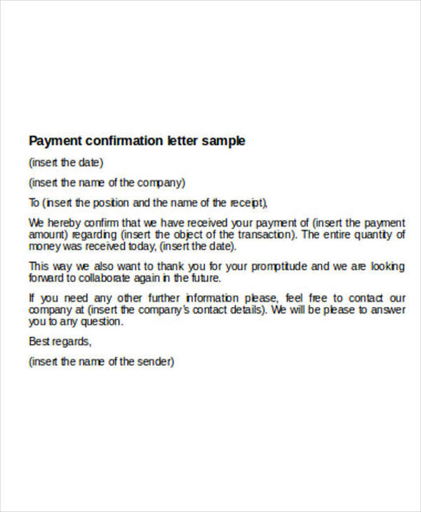 payment confirmation letter sample