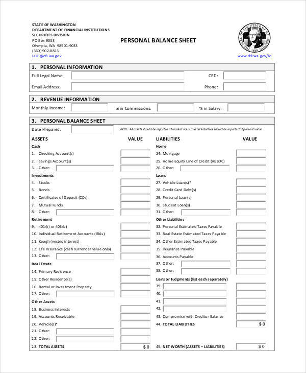 personal balance sample sheet