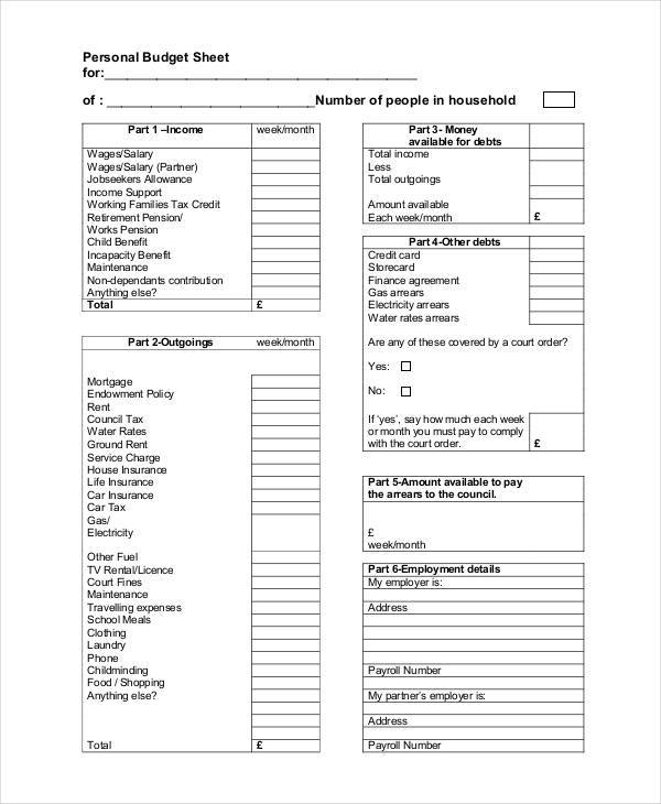 personal budget sample sheet