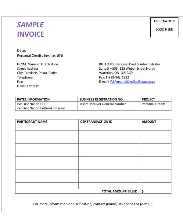 FREE 7 Sample Personal Invoice Templates In PDF MS Word